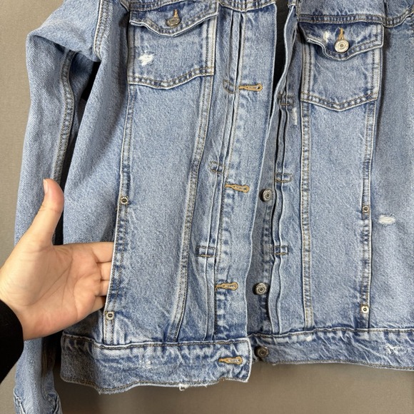 Old Navy Jean Jacket Women's Trucker Style Retro Blue Denim Distressed L Tall - Picture 4 of 13